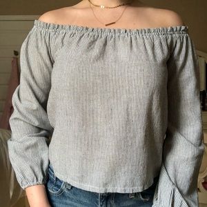 Navy & White Striped Off The Shoulder Brandy Top